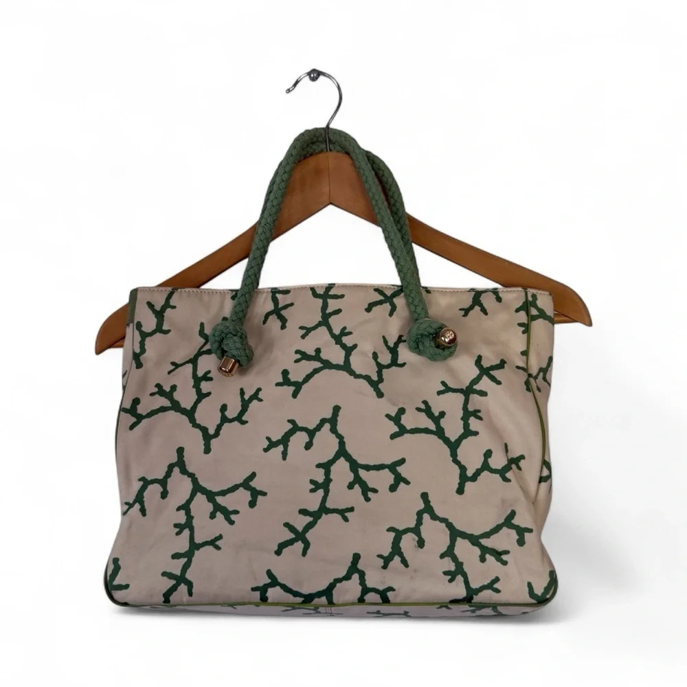 Vintage Kate Spade Cream and Green Patterned Tote|Luxury Vintage Bags| Y2K